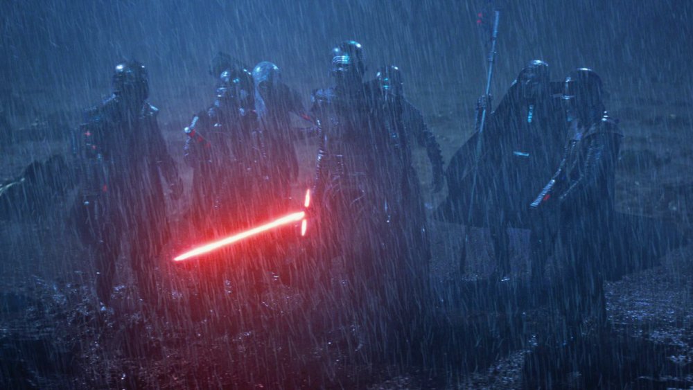 Adam Driver as Kylo Ren, surrounded by the Knights of Ren in "Star Wars: Episode VII - The Force Awakens"