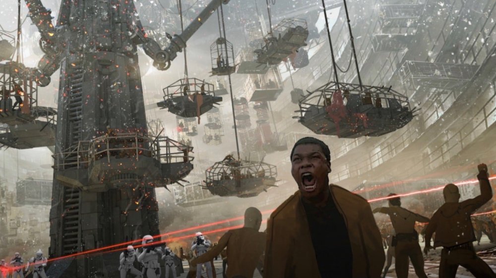 Concept art of Finn in the middle of a firefight on the streets of Coruscant from "Star Wars: Episode IX - Duel of the Fates"