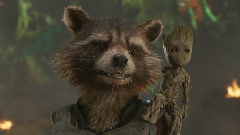 Rocket Raccoon with Groot on shoulder