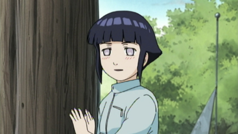 Young Hinata blushing behind a tree