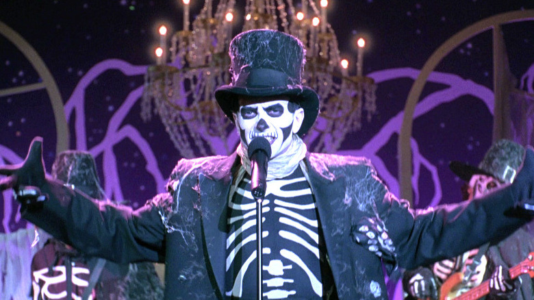 Singer dressed as skeleton performing