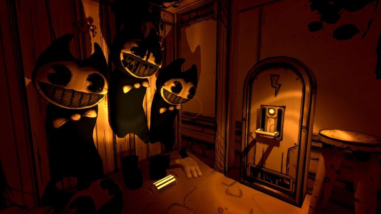 Three Bendy plushes in a decrepit room 