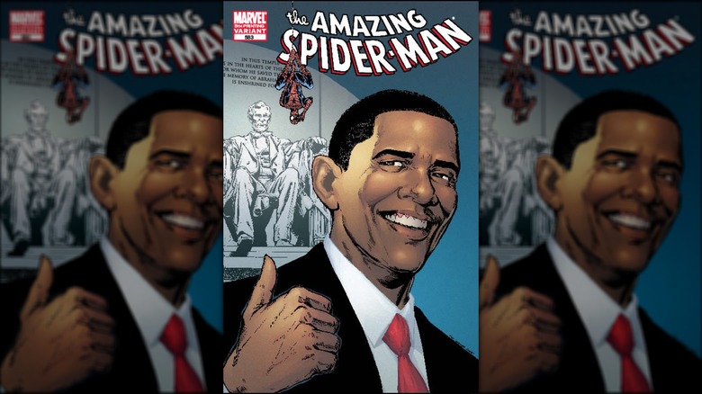 President Obama smiling next to Spider-Man