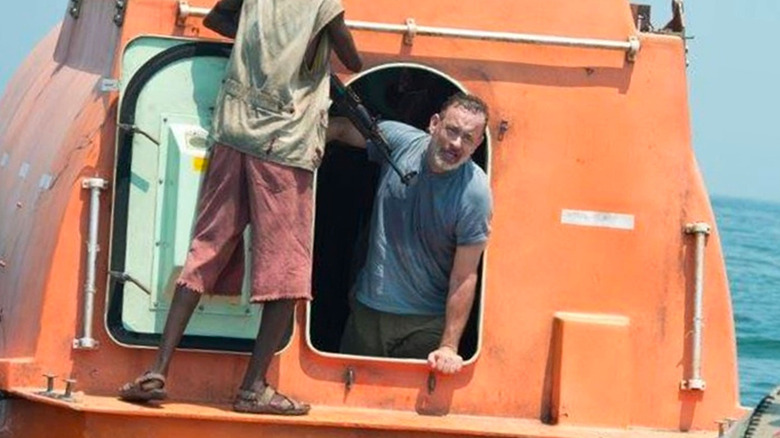 Tom Hanks in the lifeboat in Captain Phillips