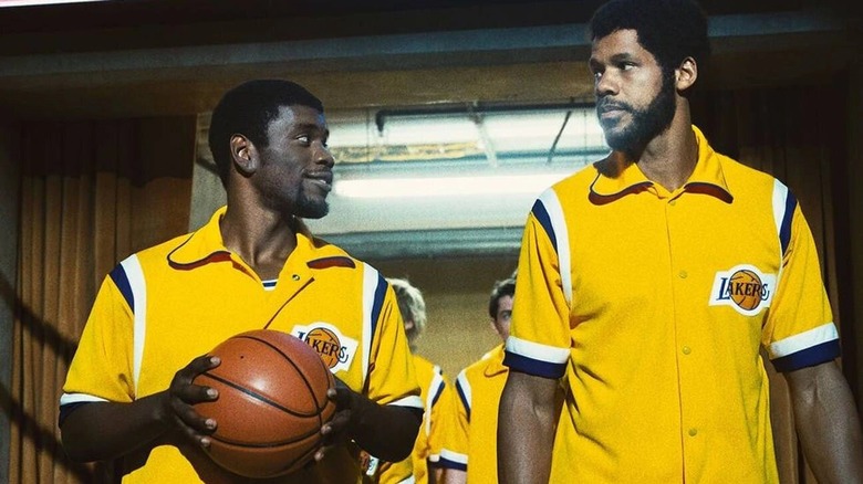 Kareem and Magic stand next to each other in an episode of Winning Time