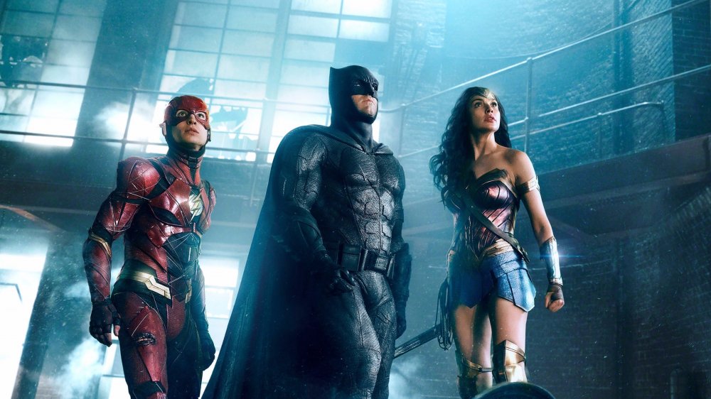 Ezra Miller, Ben Affleck, and Gal Gadot in 2017's Justice League