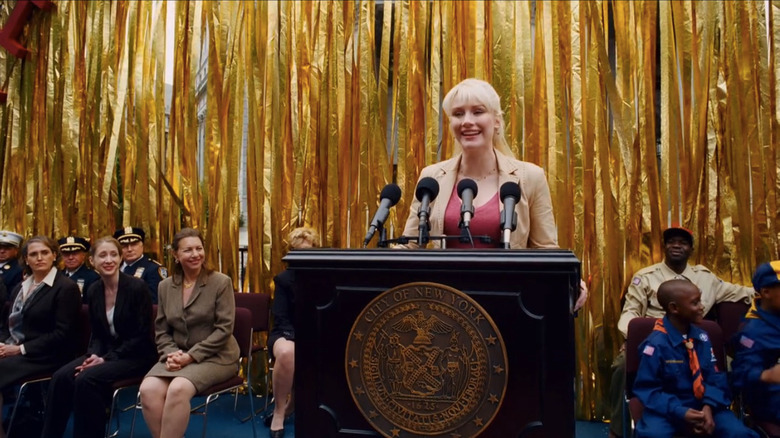 Gwen Stacy speaking at Spider-Man rally