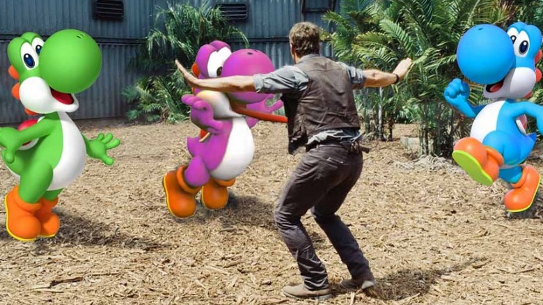 Chris Pratt placating three Yoshi