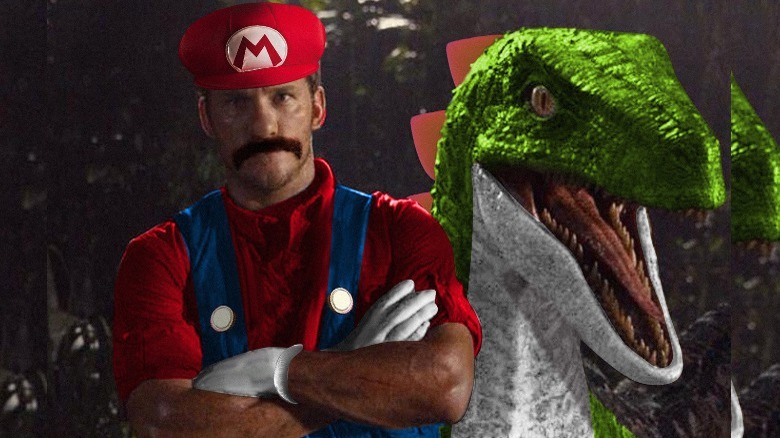 Chris Pratt Mario next to Yoshi raptor