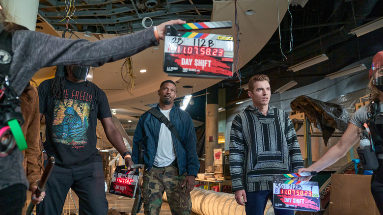 Jamie Foxx and Dave Franco filming on the set of Day Shift