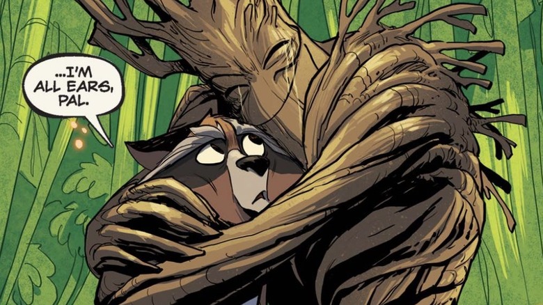 Groot hugging a confused Rocket