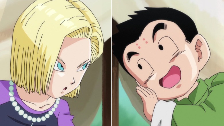 Android 18 and Krillin looking sideways