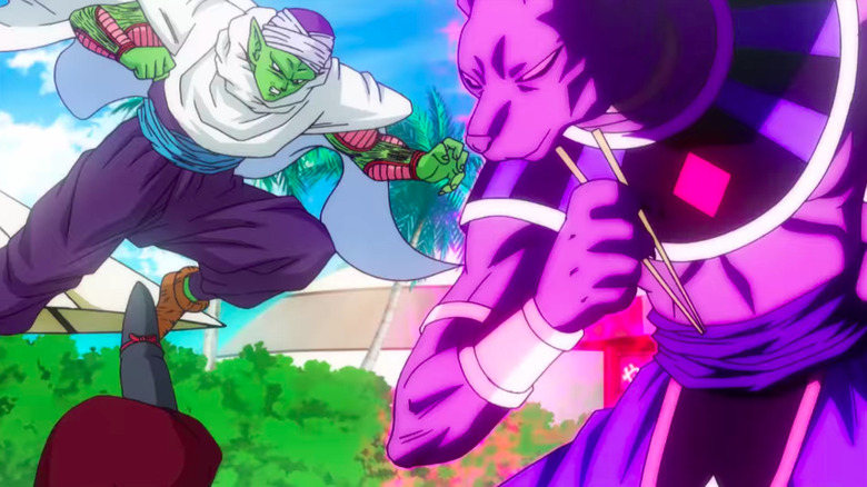 Beerus holds chopsticks while Piccolo lunges