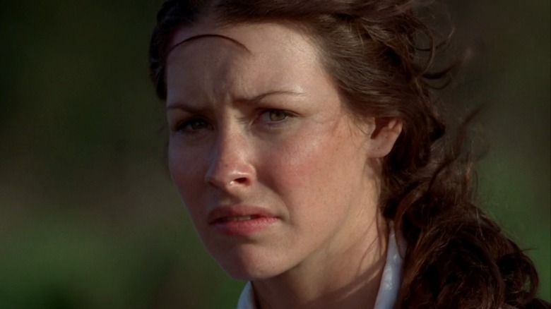 Kate grimacing as wind blows on Lost