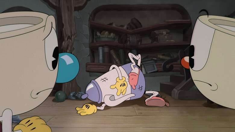 Mugman and Cuphead staring at Elder Kettle