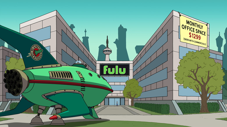 The Planet Express ship in front of Fulu headquarters in the trailer for Hulu's Futurama