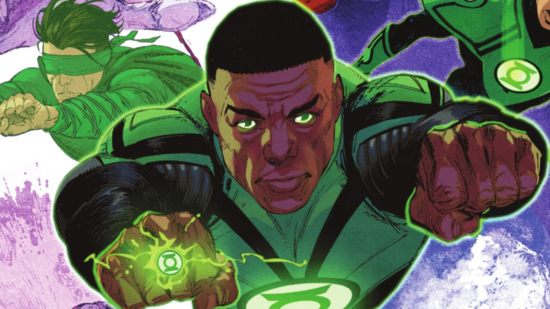 John Stewart flying with other Green Lanterns