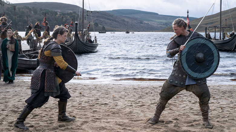 Freydis and a fellow shieldmaiden fighting