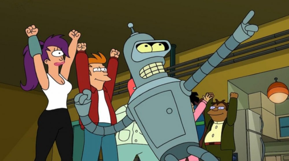 Leela, Fry, Bender, Zoidberg, Amy, and Hermes in Futurama