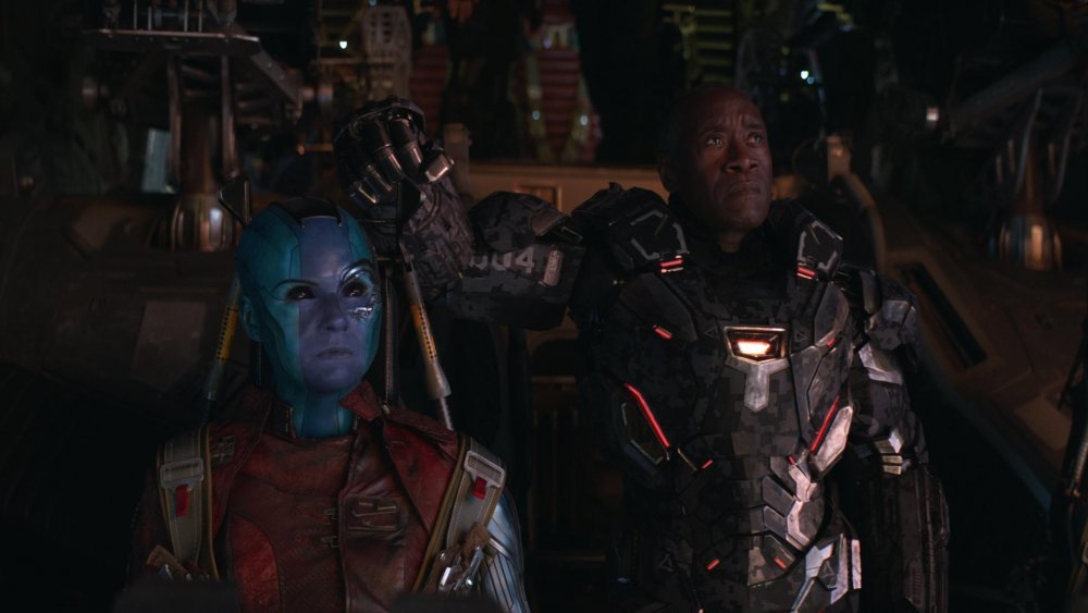 Karen Gillan as Nebula and Don Cheadle as War Machine in Avengers Endgame