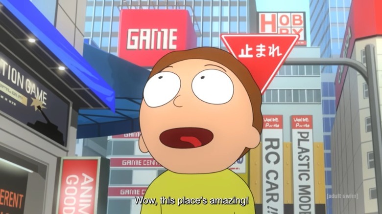 Morty marvels at the Akihabara cityscape