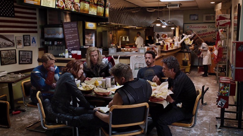 The Avengers eat shawarma at a restaurant