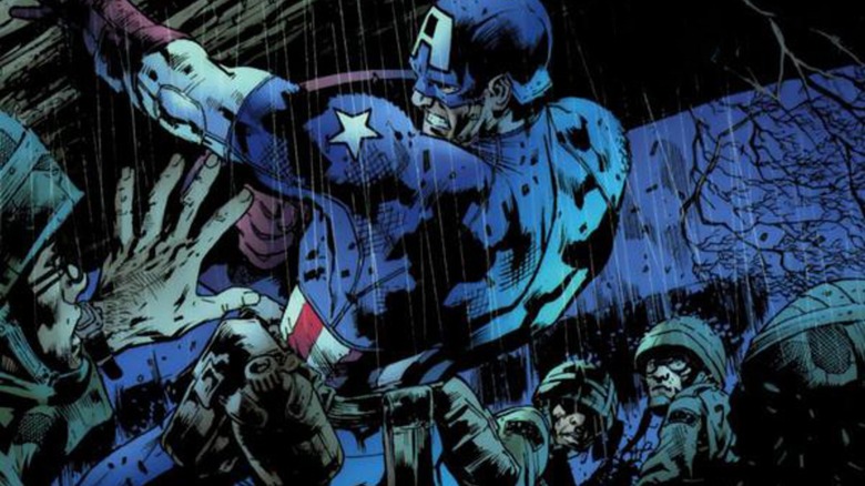 Captain America holds up a large pine tree above some troops in "The Ultimates"