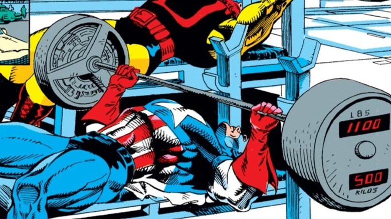 Captain America benches 1,100 pounds in "Captain America" #402