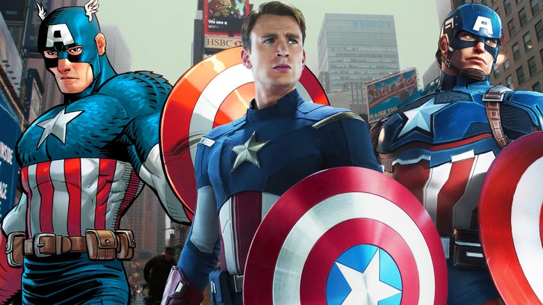 Captain America, MCU Captain America, and Ultimate Captain America standing together in Times Square shot from The First Avenger