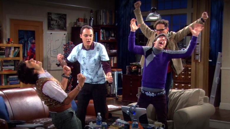 Raj, Sheldon, Howard, Leonard jumping around