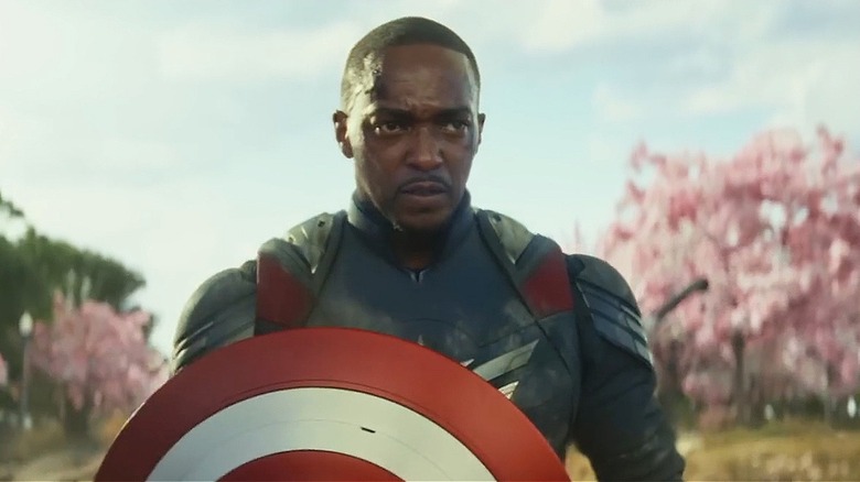 Sam Wilson as Captain America facing off in the cherry blossom garden