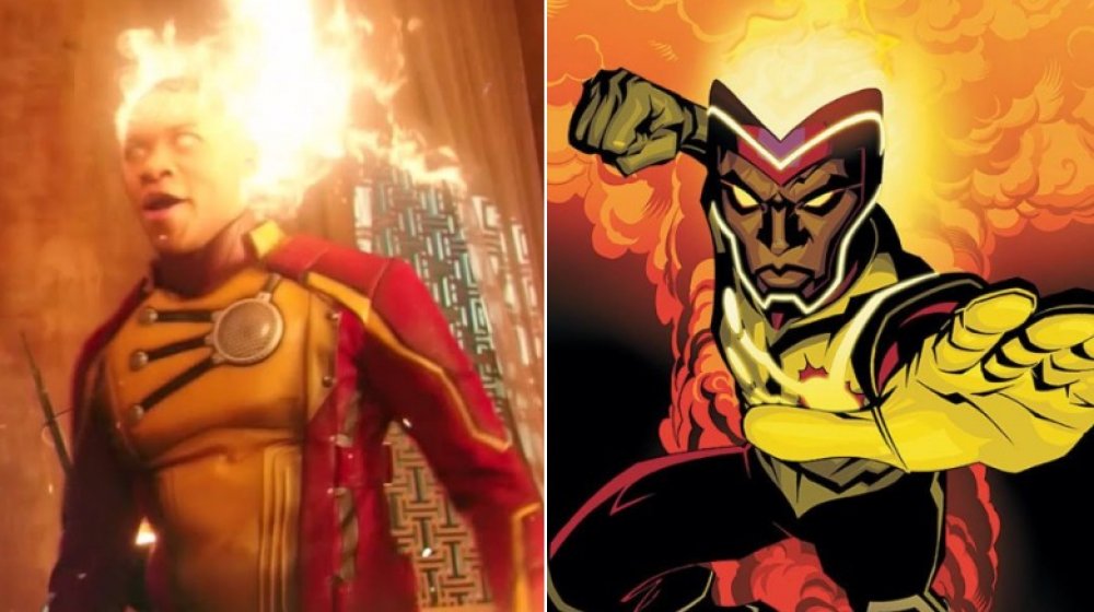 Split image of Firestorm in the show and in the comics