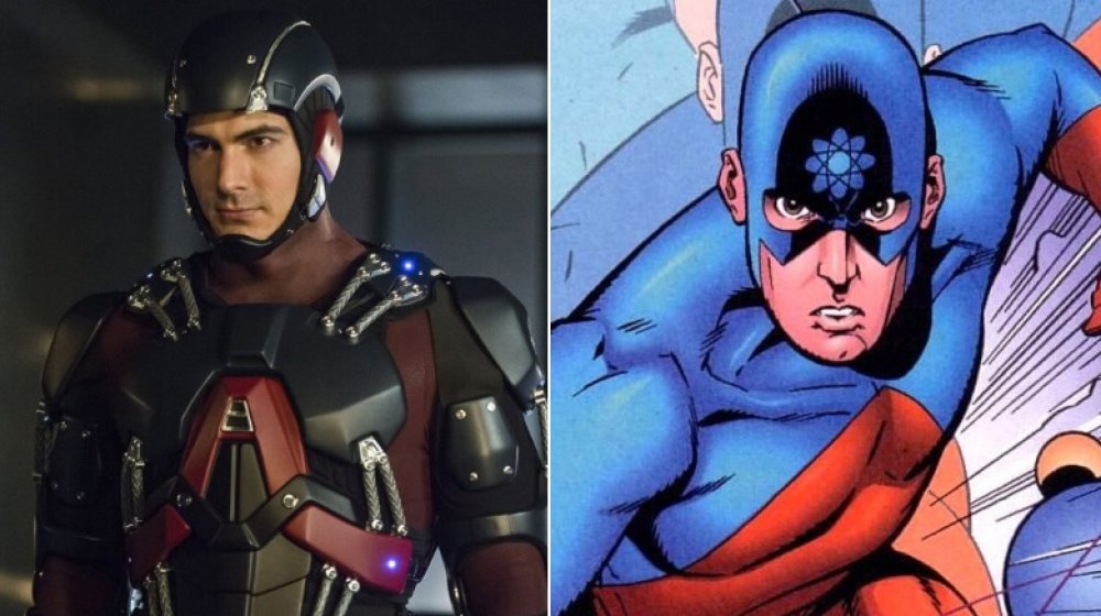 Split image of Atom in the show and in the comics