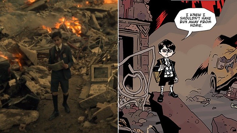 Aidan Gallagher as Number Five in "The Umbrella Academy" series / Number Five by Gabriel Ba in "The Umbrella Academy" comic