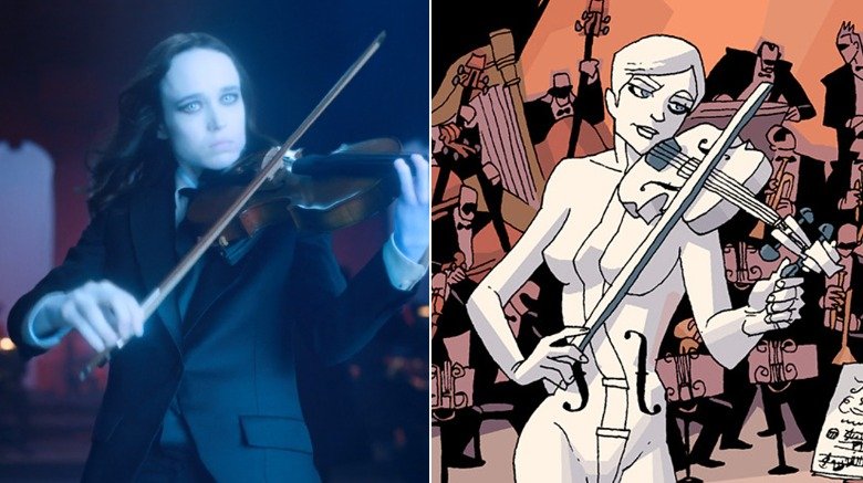 Elliot Page as Vanya in "The Umbrella Academy" series / Vanya by Gabriel Ba in "The Umbrella Academy" comic