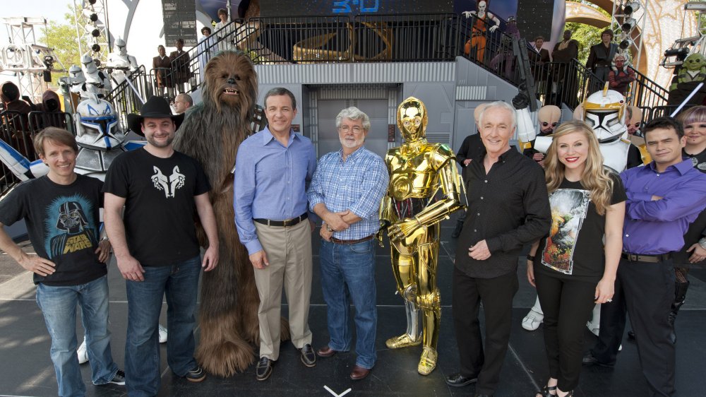 George Lucas with Bob Iger, Dave Filoni, and members of The Clone Wars voice cast at Disneyland