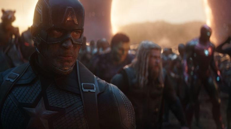 Captain America, Hulk, Thor, and Iron Man facing Thanos