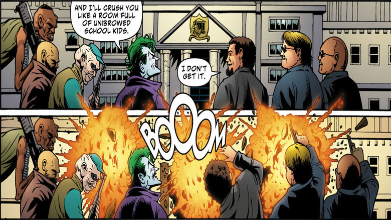 Joker blows up a school building in Batman: Cacophony 1