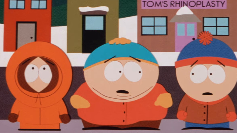 Kenny, Cartman, and Stan look shocked