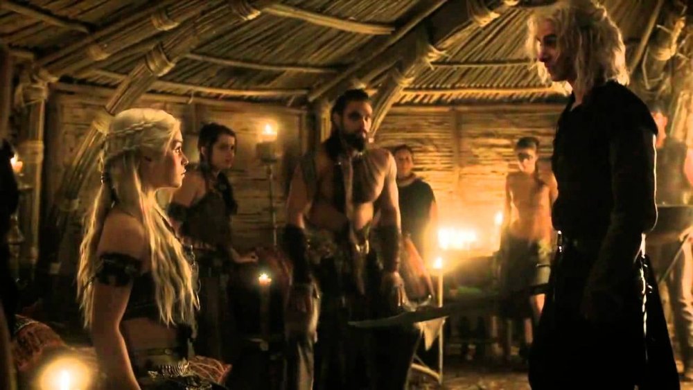 Emilia Clarke, Jason Momoa, and Harry Lloyd in Game of Thrones