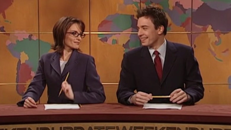 Tina Fey smiling at Jimmy Fallon