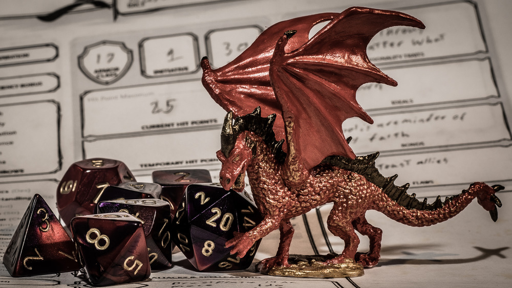 Dragon mini, dice, and character sheets