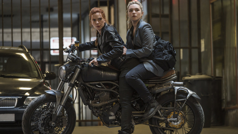 Natasha and Yelena on a motorcycle 