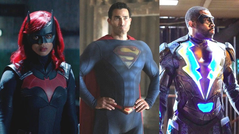 Batwoman, Superman, and Black Lightning from the Arrowverse