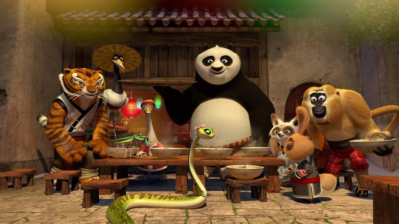 The Furious Five enjoying a holiday meal with Po's father and Master Shifu in Kung Fu Panda Holiday