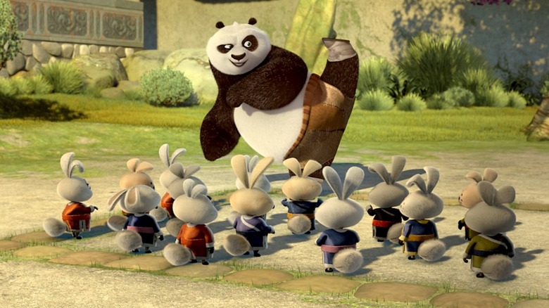 Po training a group of bunnies in Kung Fu Panda: Secrets of the Furious Five