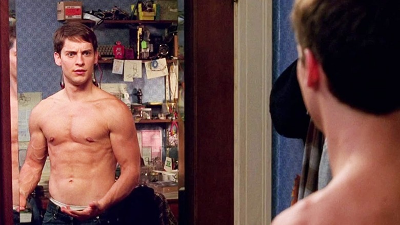 Peter Parker shirtless in mirror