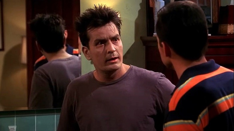 Charlie Harper hungover in bathroom