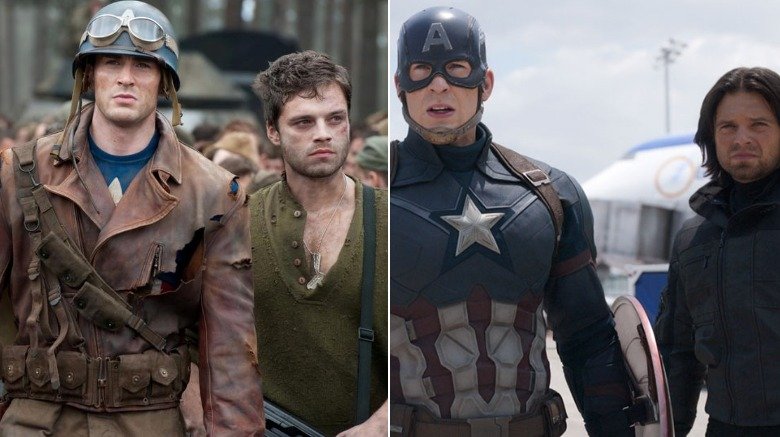 Captain America and Bucky during World War II in Captain America: The First Avenger, and in the present day in Captain America: Civil War