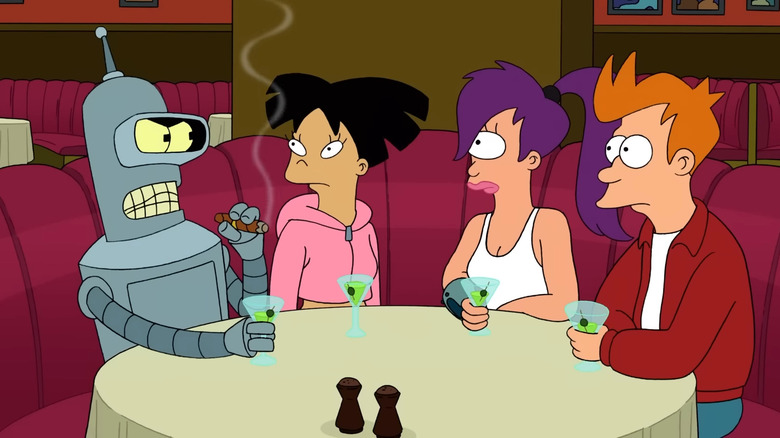 Fry, Leela, and Amy staring at Bender